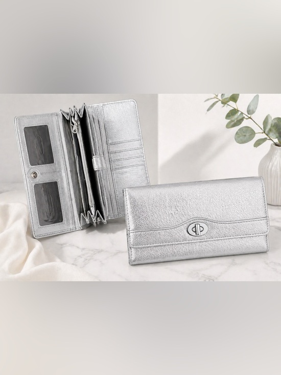 Handbags - Metallic Silver Long Wallet Clutch Organizer Snap Closure Multi-Compartment